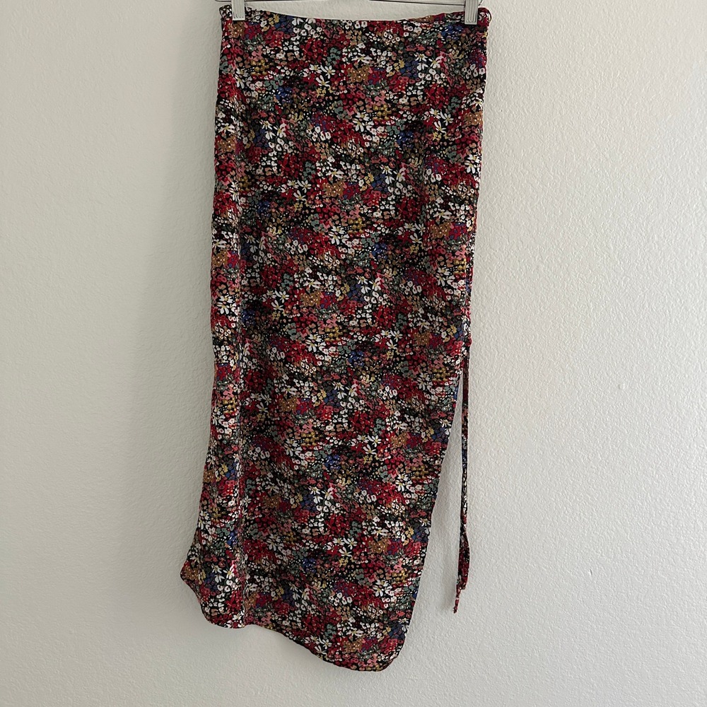 Floral Midi Skirt Womens Size M Multicolor Ditsy Print High Waisted Side‎ Slit